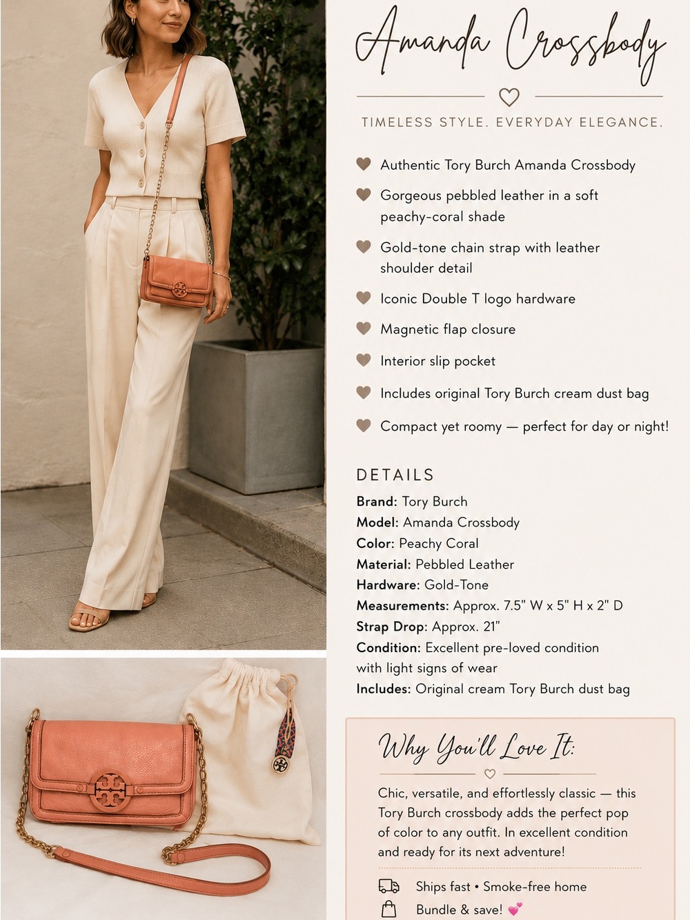 Tory Burch Amanda Crossbody Peachy-Coral with dust bag